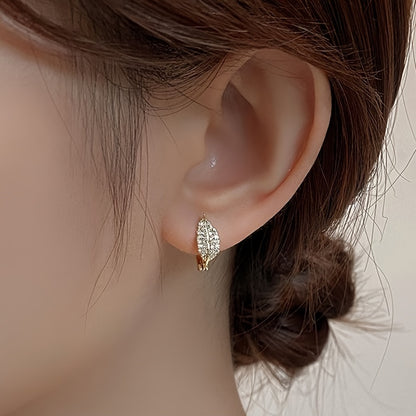 Leaf design loop earrings, copper jewelry, Zirconia inlaid, elegant retro style, Women's daily wear