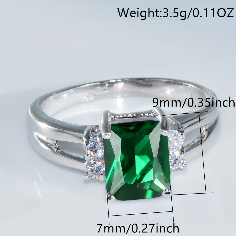 1Pc Rectangle Cut Green Gemstone CZ Ring Fashion Silver Love Engagement Ring Vintage Wedding Ring