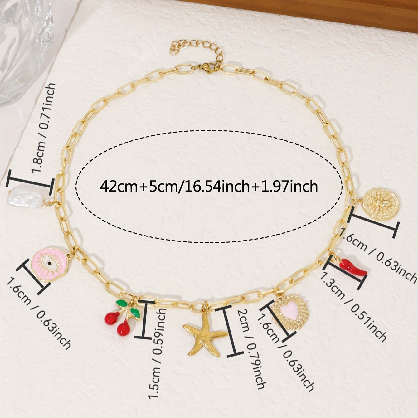 Ladies Charm Pendant Necklace - Vintage Elegant Style, Copper Chain with Star Fish, Cherry, Evil Eye, Medal Pendant, Suitable for Daily Wear and Parties