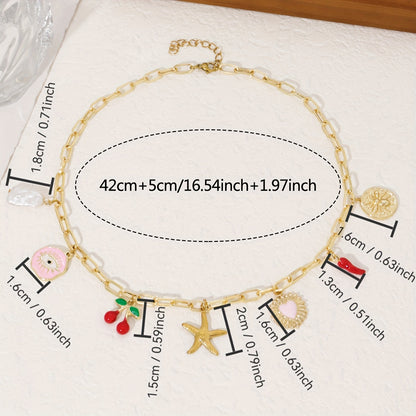 Ladies Charm Pendant Necklace - Vintage Elegant Style, Copper Chain with Star Fish, Cherry, Evil Eye, Medal Pendant, Suitable for Daily Wear and Parties