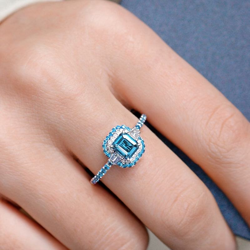 Vintage Square Aquamarine Blue Synthetic Gemstone Ring - Deluxe 4-claw setting with sparkling embellishments, perfect for engagements, weddings, parties and special occasions, copper, perfect for all seasons