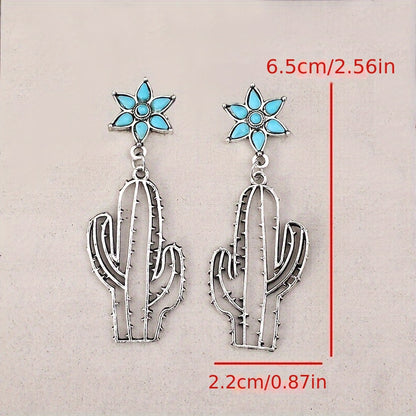 Hollow Cactus Flower Design Turquoise Inlaid Drop Earrings Vintage Western Silver Plated Jewelry Holiday Earrings