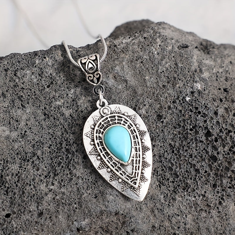 Classical engraved drop-shaped turquoise pendant, bohemian turquoise necklace