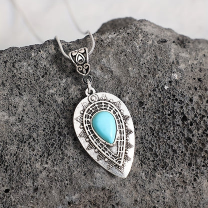 Classical engraved drop-shaped turquoise pendant, bohemian turquoise necklace