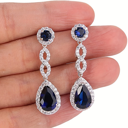 Navy Blue Shiny Synthetic Gemstone Decorative Pendant Earrings, Vintage Elegant Style Silver Plated Jewelry Banquet Accessories