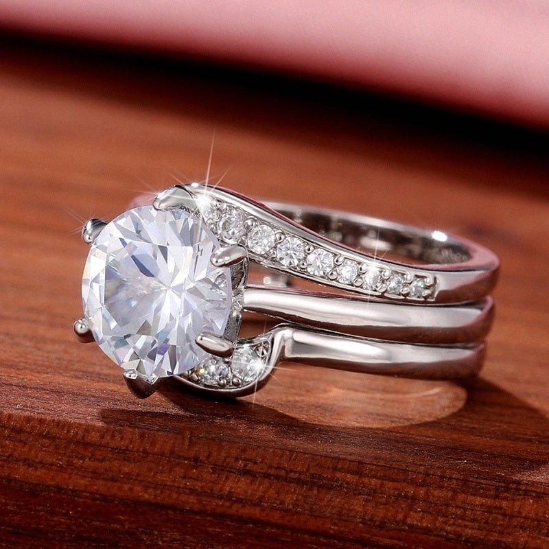 Exquisite 925 silver-plated zircon ring set, anniversary gift, wedding engagement jewelry set, ring 2-piece set.