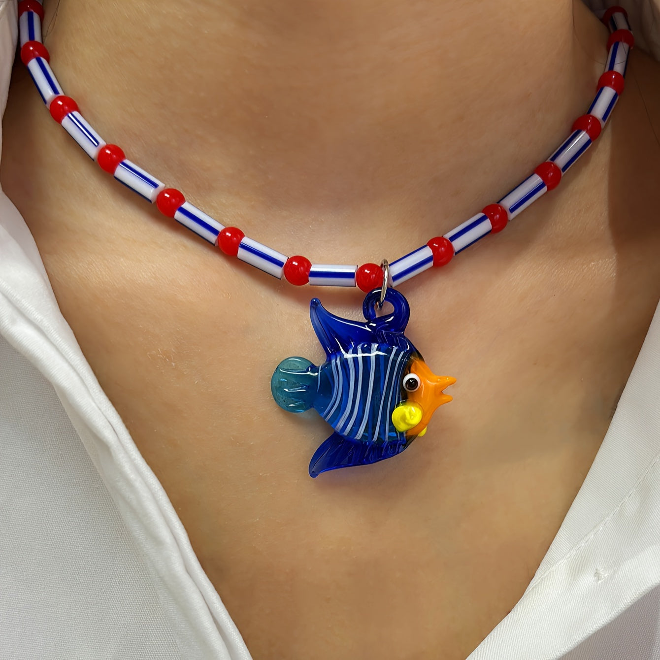 1pc Fashion Pendant Necklace Tropical Island Glass Small Fish Seahorse Pendant Handmade Colored Beaded Necklace Ladies Summer Beach Vacation Party Jewelry Accessories Handmade