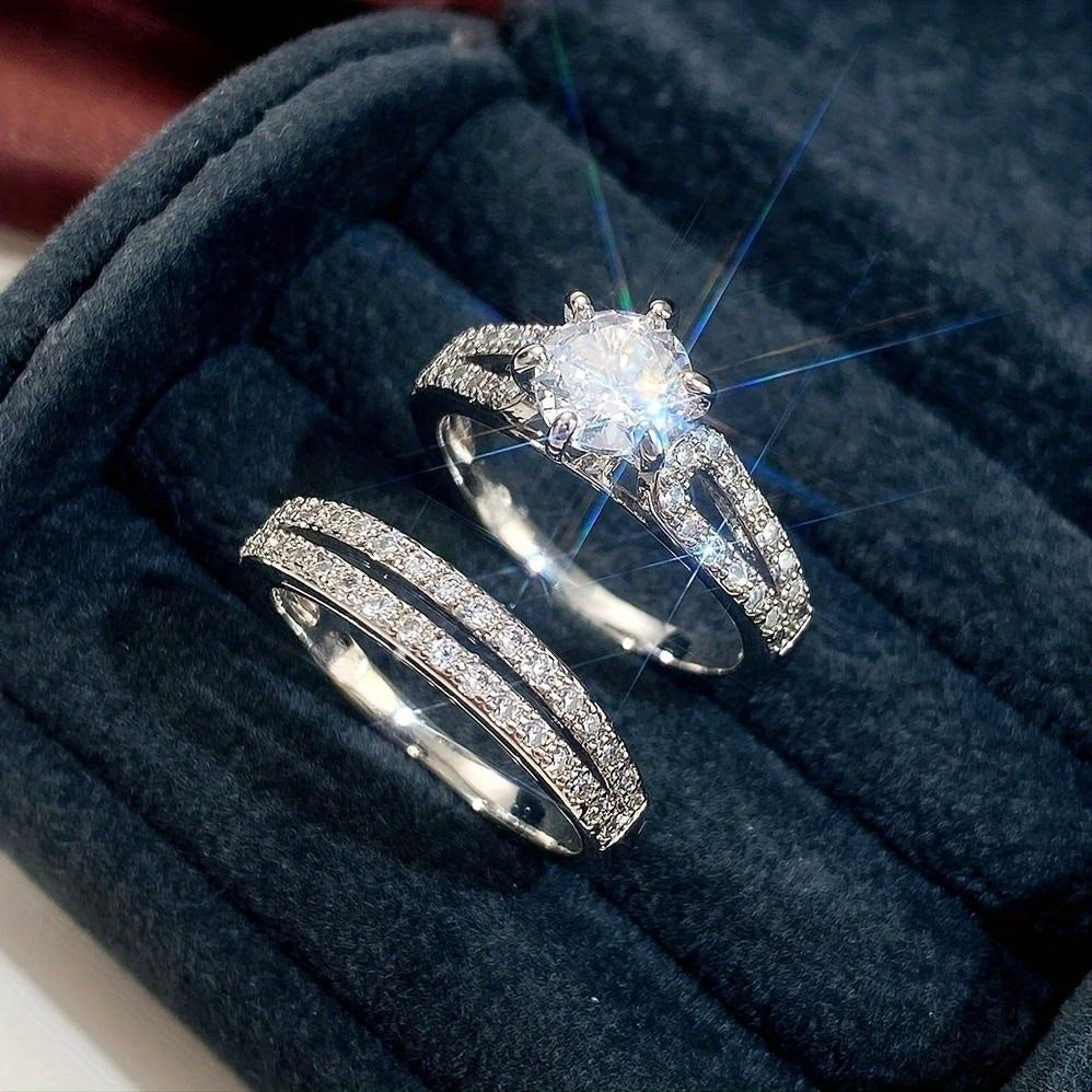 Ladies' wedding rings 2 pieces/set, silver 6-claw inlaid 2 pieces CZ side micro-inlaid engagement ring (no box)