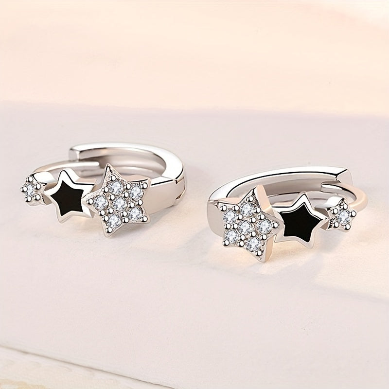Fashion 925 Silver Plated Zirconia Black Enamel Star Ring Earrings Women's Casual Accessories