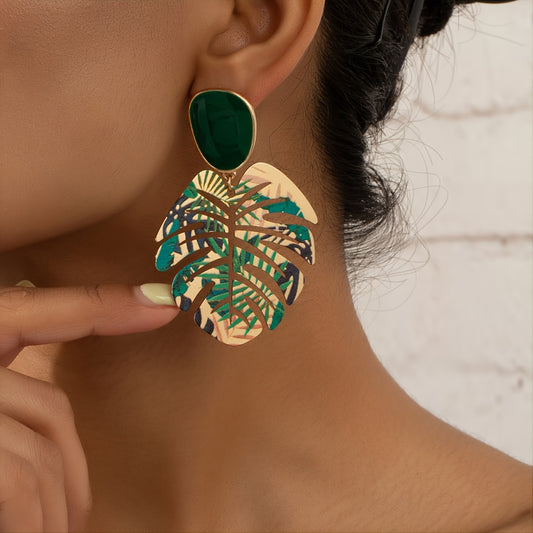 Exaggerated Green Leaf Design Dangle Earrings Alloy 14K Plated Jewelry Creative Gift For Women Girls