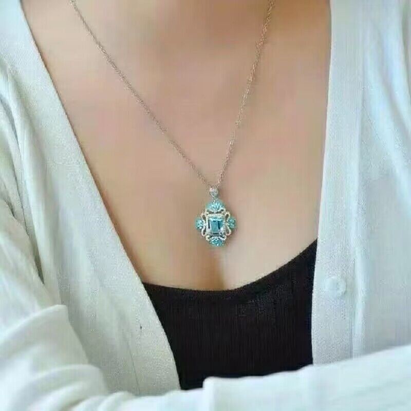 Deluxe 925 Silver Plated Aquamarine Pendant Necklace Women's Daily Casual Accessories Party Jewelry (excluding gift box)