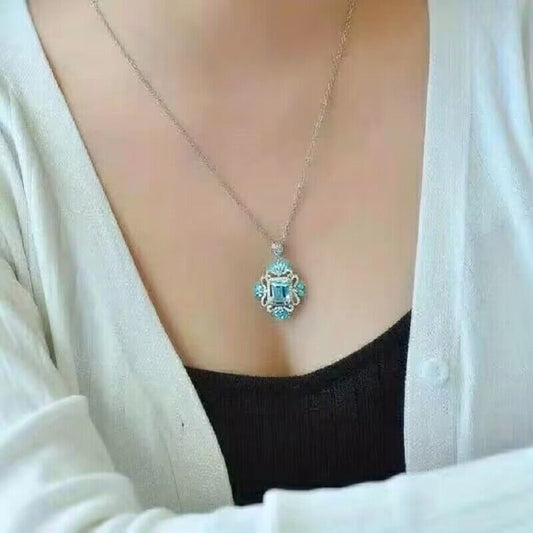 Deluxe 925 Silver Plated Aquamarine Pendant Necklace Women's Daily Casual Accessories Party Jewelry (excluding gift box)