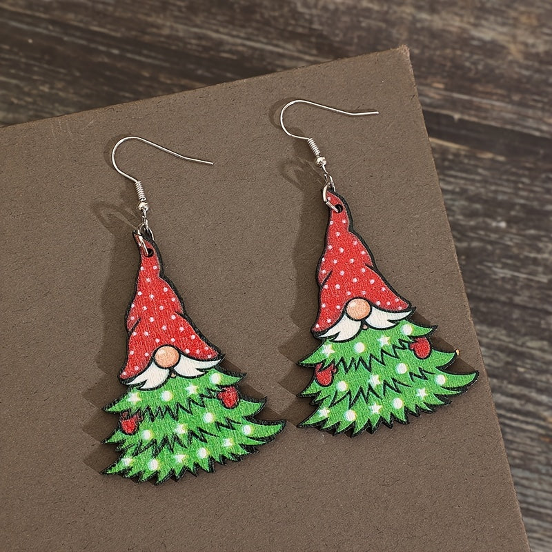 Creative Christmas Tree Design Santa Pattern Pendant Earrings Vintage Party Style Wooden Jewelry Cute Christmas Earrings