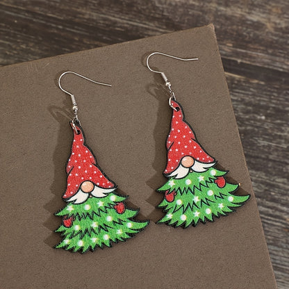 Creative Christmas Tree Design Santa Pattern Pendant Earrings Vintage Party Style Wooden Jewelry Cute Christmas Earrings