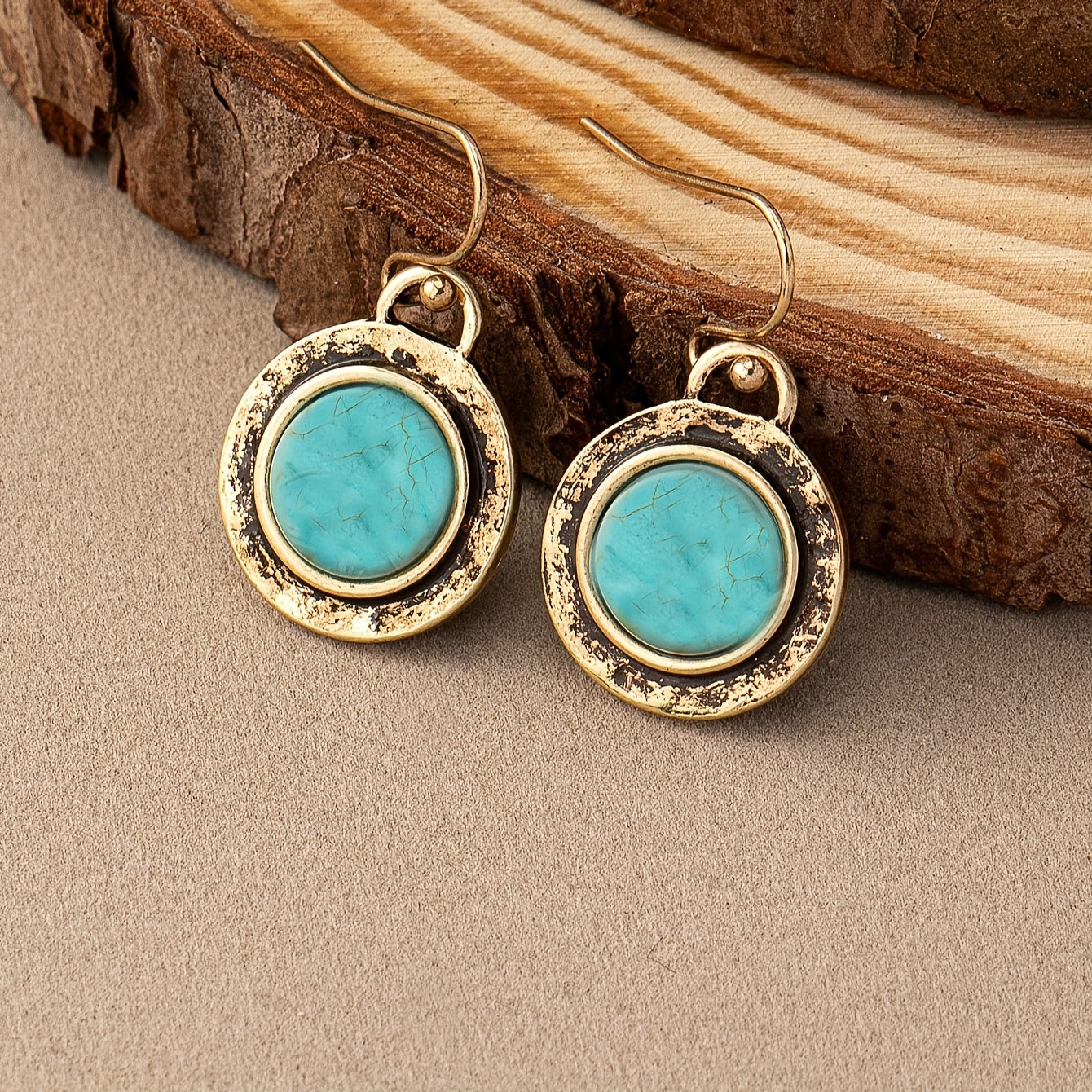 Vintage round turquoise inlaid pendant earrings retro simple style zinc alloy jewelry daily leisure