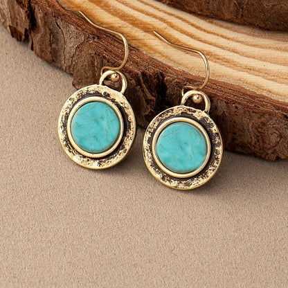 Vintage round turquoise inlaid pendant earrings retro simple style zinc alloy jewelry daily leisure