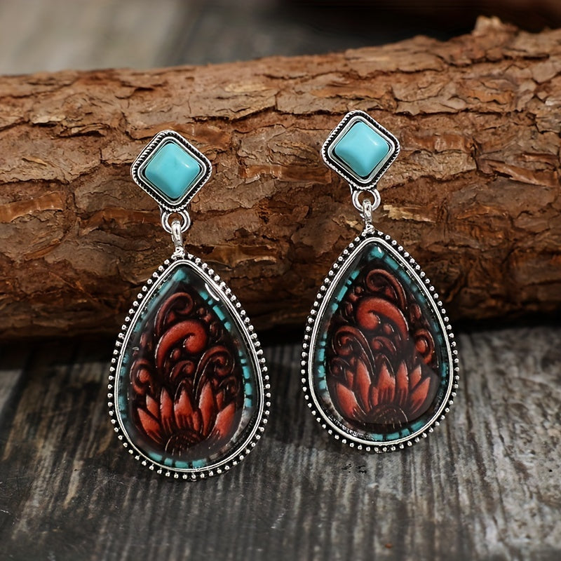 Antique drop-shaped sunflower-inlaid earrings, vintage bohemian fashion holiday earrings