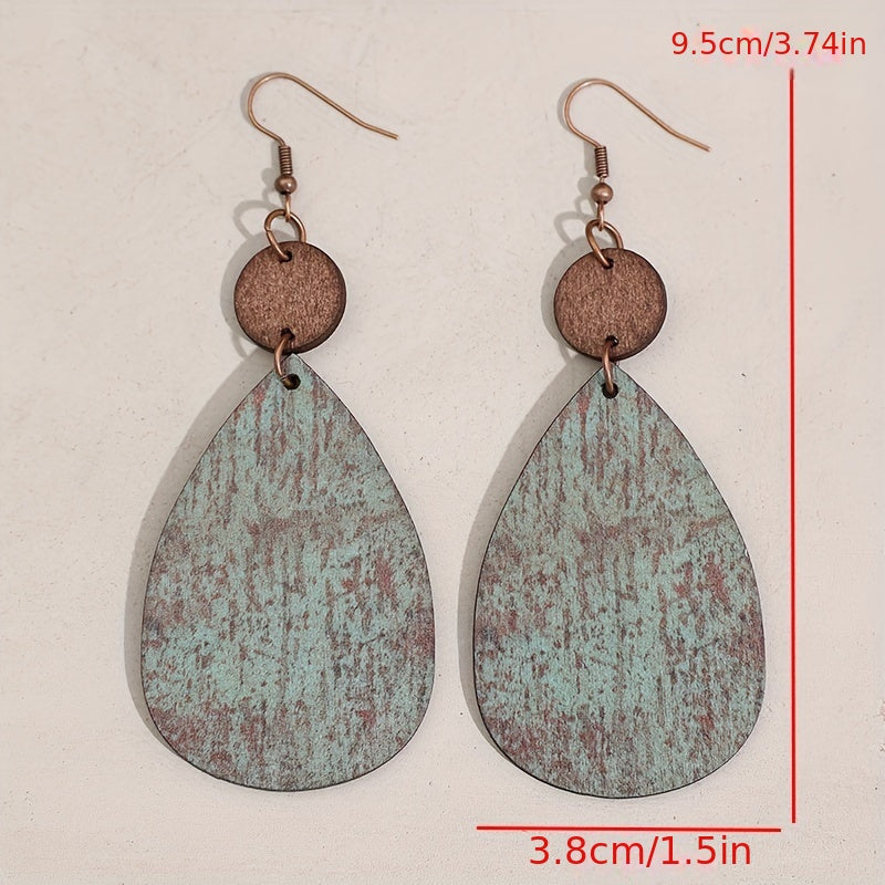 Retro drop-shaped faux-old wood grain pendant earrings, retro bohemian style fashion holiday earrings