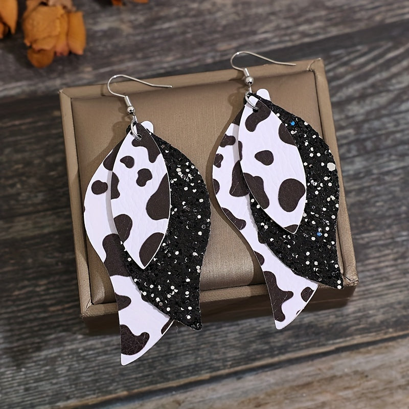 Bohemian Cow Print Triple S Earrings - Black and White Dairy Pattern, Sequin Embellishment, PU Leather Ladies Fashion Jewelry, Casual Wear, Bohemian Earrings