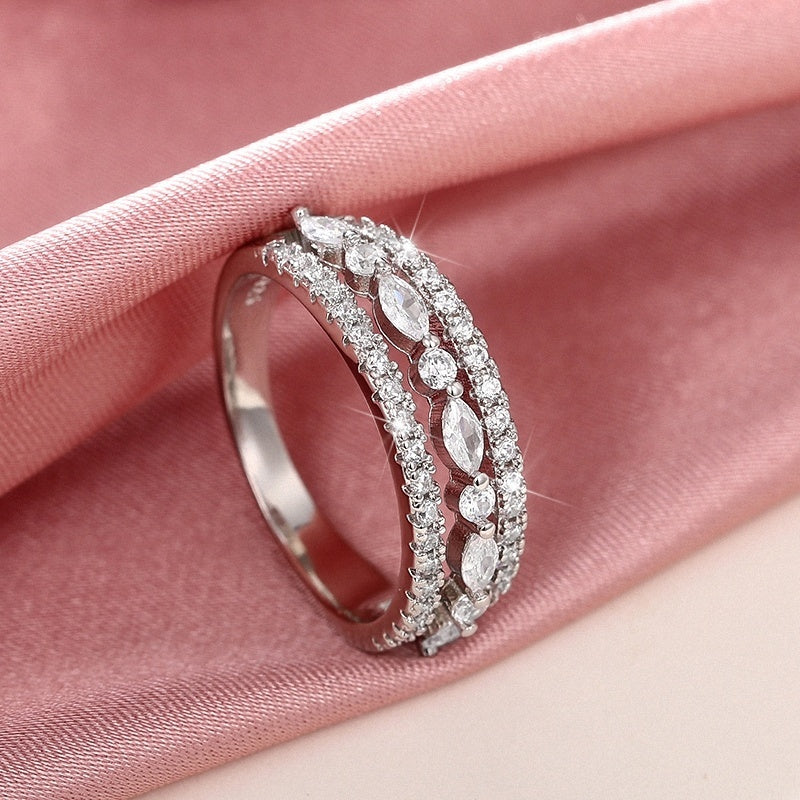 3 Rows Shape Women's Ring 925 Silver Plated Geometric Round Zircon Women's Fashion Accessories Jewelry