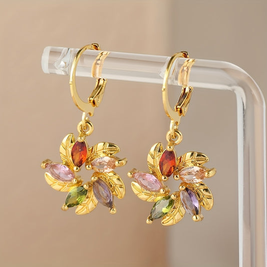 14K Gold Plated Vintage Bohemian Floral Zircon Earrings for Women, Hypoallergenic Copper Ear Needles, Everyday and Christmas Gifts - Multicolor