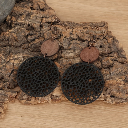Hollow Round Pendant Earrings, Bohemian Vintage Wooden Leather Earrings, Jewelry, Ladies Gift Accessories, Fall/Winter Earrings