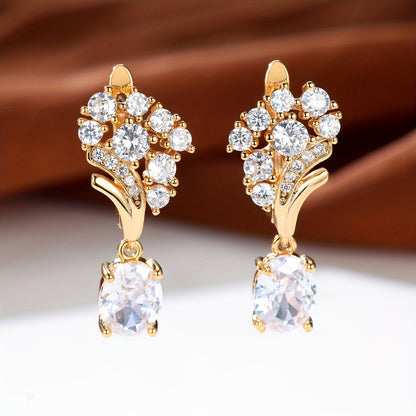 Oval Shiny Zirconia Decor Dangle Earrings Japanese / Korean Style Copper 18K Gold Plated Jewelry Daily Casual