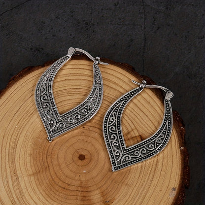 Bohemian Retro Square Engraved Earrings - Silver Galvanized Alloy, Ladies Fashion Hook Design