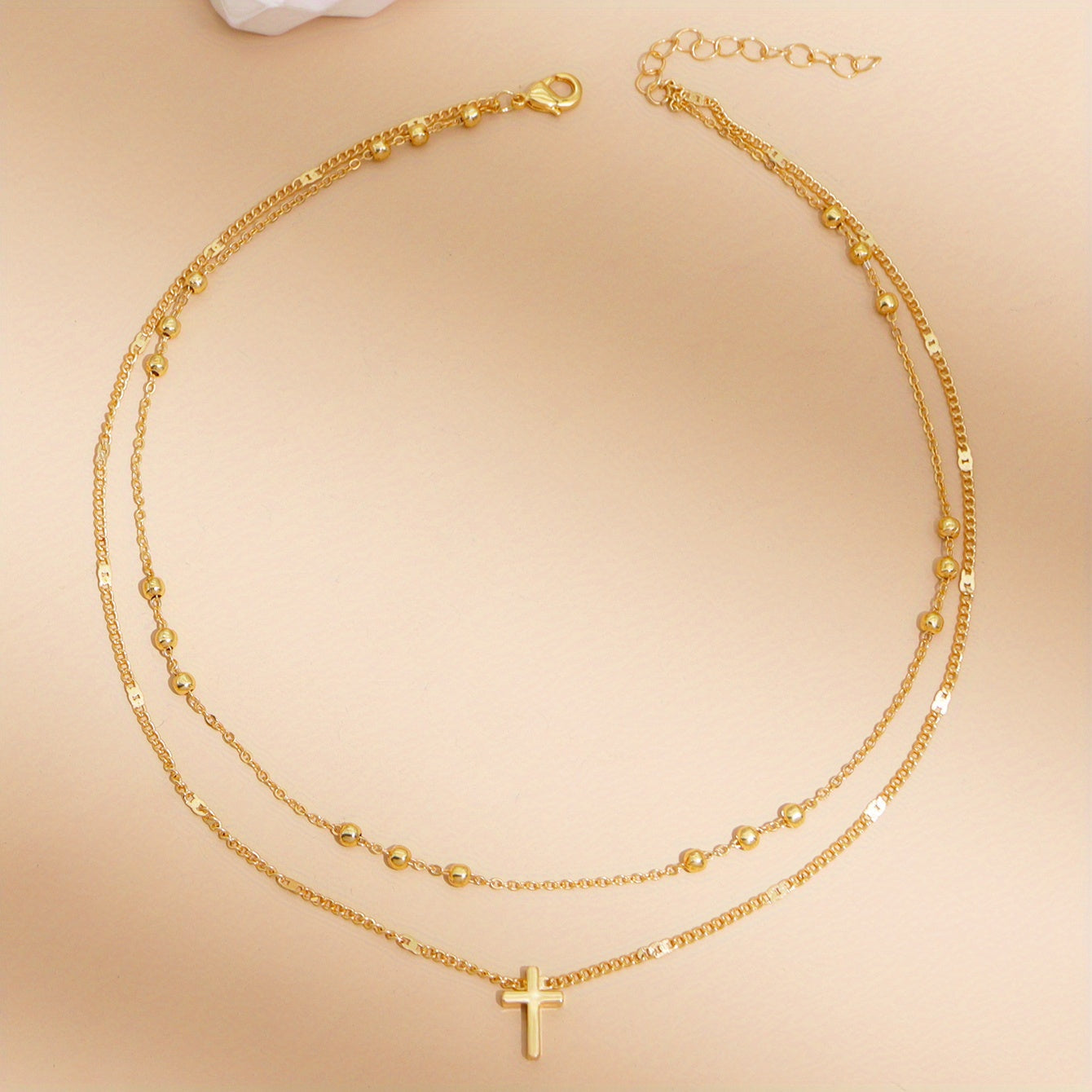 Vintage Cross Pendant Bead Chain Collarbone Chain Double Necklace Women's Holiday Jewelry Gifts