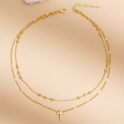 Vintage Cross Pendant Bead Chain Collarbone Chain Double Necklace Women's Holiday Jewelry Gifts