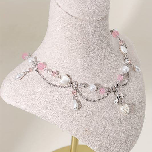 An elegant Y2K-style necklace with a butterfly bow and heart-shaped pendant, imitation pearl tassels, and cute fashion accessories for parties, birthdays, and holidays