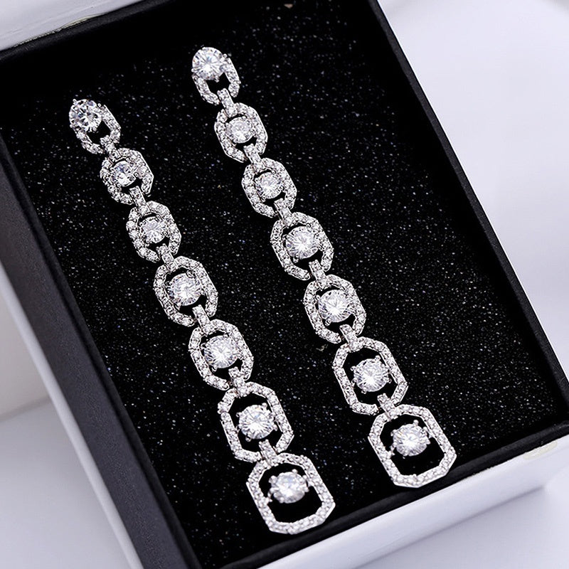 925 Silver Plated Long Zircon Ladies Pendant Earrings, Luxury Engagement Wedding Jewelry Gift
