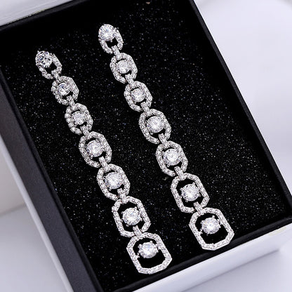 925 Silver Plated Long Zircon Ladies Pendant Earrings, Luxury Engagement Wedding Jewelry Gift