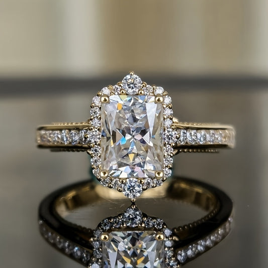 Rectangle Zircon Engagement Ring, Four-claw Halo Ring, Luxury Elegant Bridal Wedding Jewelry, Ladies Engagement and Anniversary Ring, Gold Tone, Elegant Style