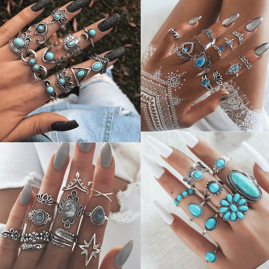 New Ring, Vintage Bohemian Feather Turquoise Hollow 9-Piece Set Ring