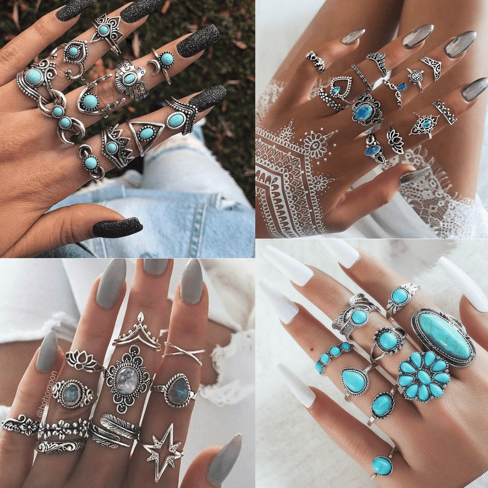 New Ring, Vintage Bohemian Feather Turquoise Hollow 9-Piece Set Ring