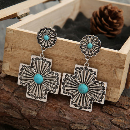 Classic Western style turquoise cross pendant earrings, silver plated jewelry gift