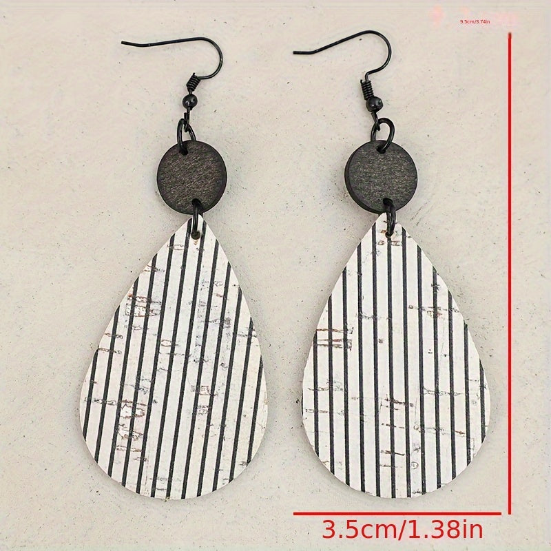 European and American simple and cool classic water drop-shaped printing black and white stripe splicing small log earrings