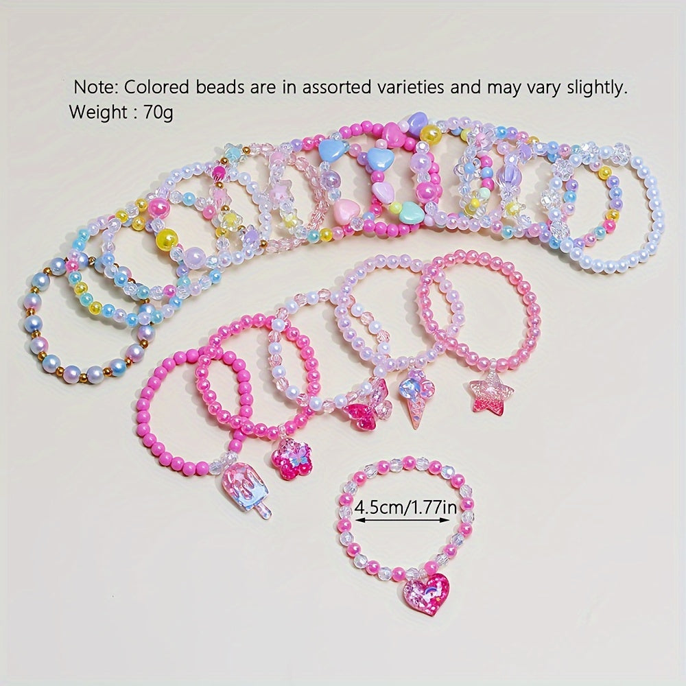 18-Piece Girl Charm Bracelet Set with Cute Butterflies, Flowers and Heart Pendants - Colored Bead Bracelet for Parties and Birthdays