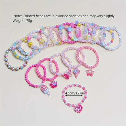 18-Piece Girl Charm Bracelet Set with Cute Butterflies, Flowers and Heart Pendants - Colored Bead Bracelet for Parties and Birthdays