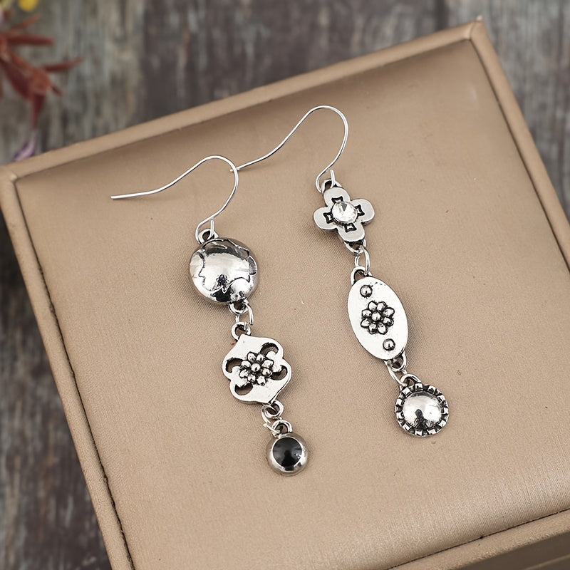A pair of new retro punk style asymmetrical pattern flower geometric pendant alloy earrings