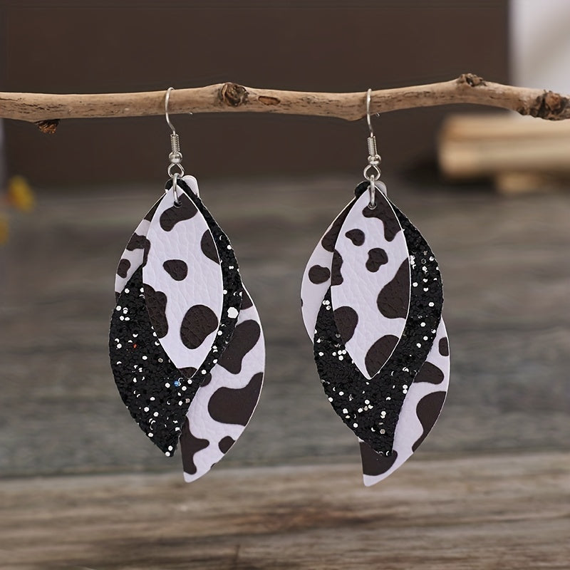 Bohemian Cow Print Triple S Earrings - Black and White Dairy Pattern, Sequin Embellishment, PU Leather Ladies Fashion Jewelry, Casual Wear, Bohemian Earrings