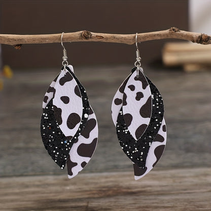 Bohemian Cow Print Triple S Earrings - Black and White Dairy Pattern, Sequin Embellishment, PU Leather Ladies Fashion Jewelry, Casual Wear, Bohemian Earrings