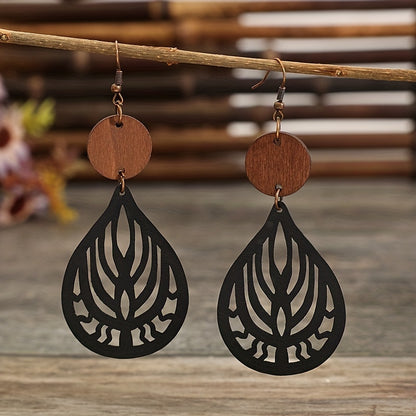 Hollow teardrop-shaped engraved pattern drop earrings retro bohemian style PU leather jewelry fashion women's gift