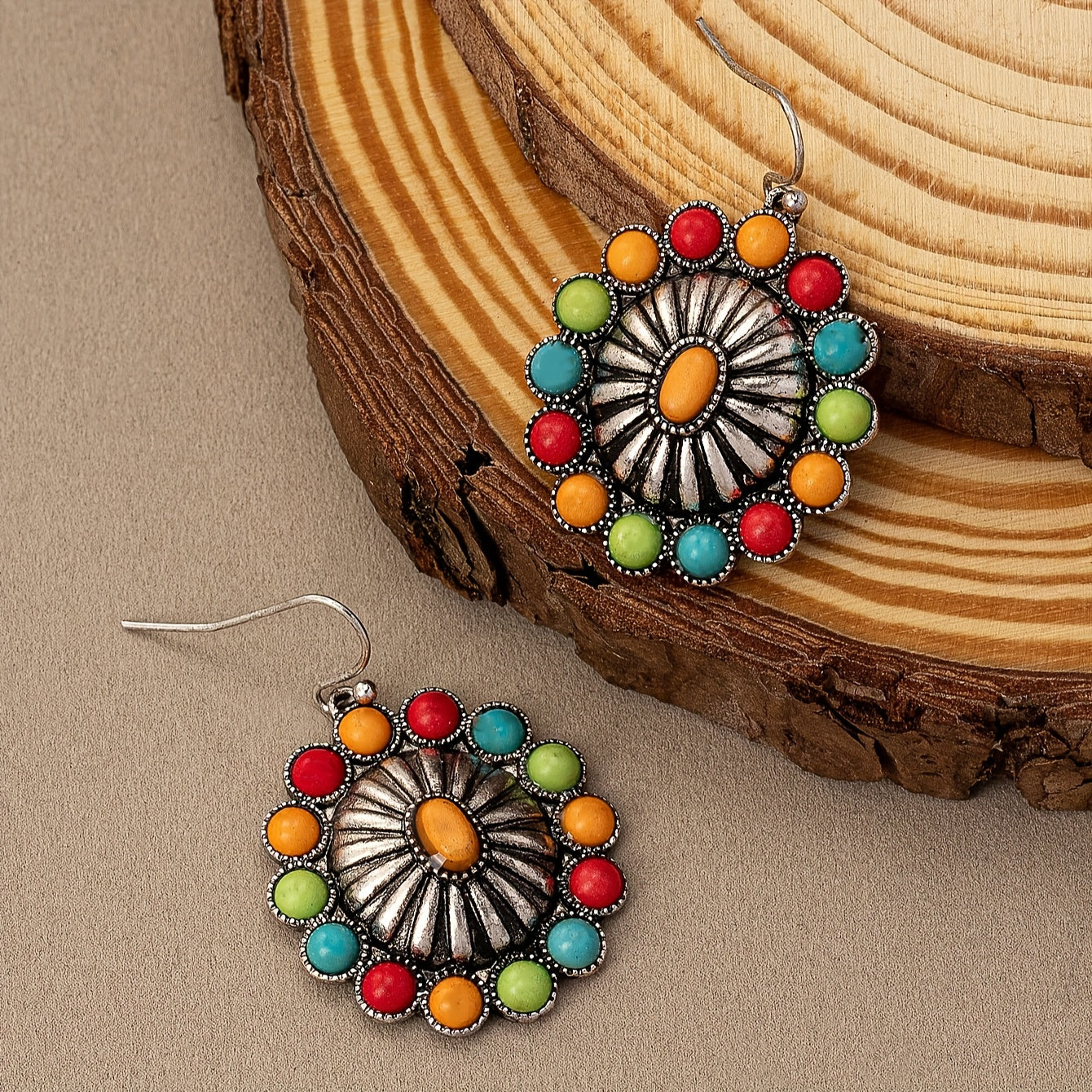 Vintage Sunflower Design Colourful Bead Inlaid Drop Earrings Bohemian Vacation Style Zinc Alloy Jewelry Travel Souvenirs
