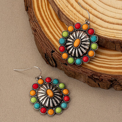 Vintage Sunflower Design Colourful Bead Inlaid Drop Earrings Bohemian Vacation Style Zinc Alloy Jewelry Travel Souvenirs