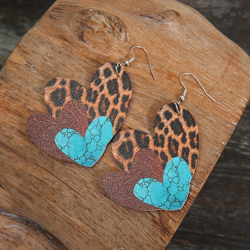 Women's leopard print plaid love imitation leather pendant earrings