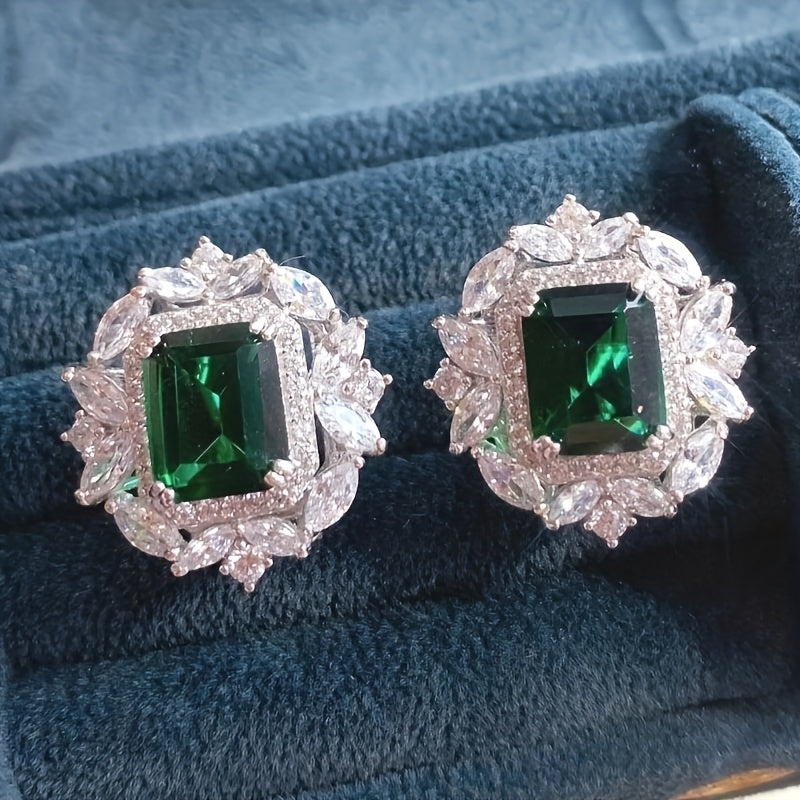 Elegant Emerald Green Synthetic Gemstone Stud Earrings - Ladies Luxury 4-Claw Design for Weddings and Parties