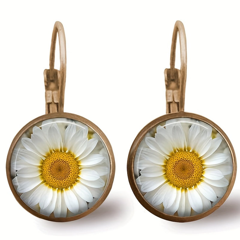 Vintage round sunflower pattern pendant earrings, simple retro style silver-plated jewelry, fashionable women's gifts