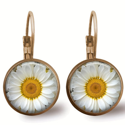 Vintage round sunflower pattern pendant earrings, simple retro style silver-plated jewelry, fashionable women's gifts